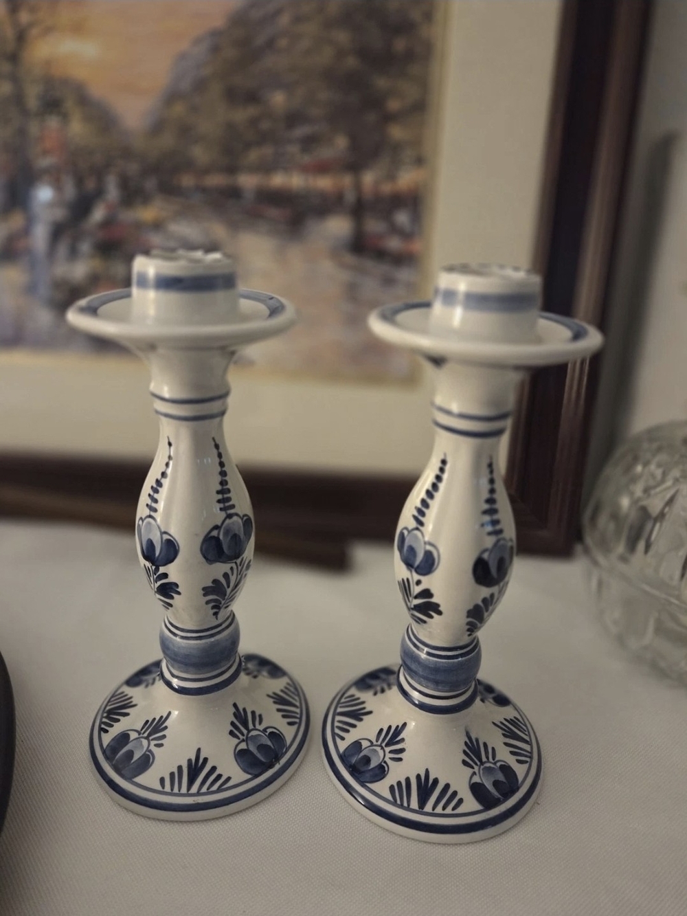 Delft Holland Blue and White Floral Ceramic Candle Holders - Pair